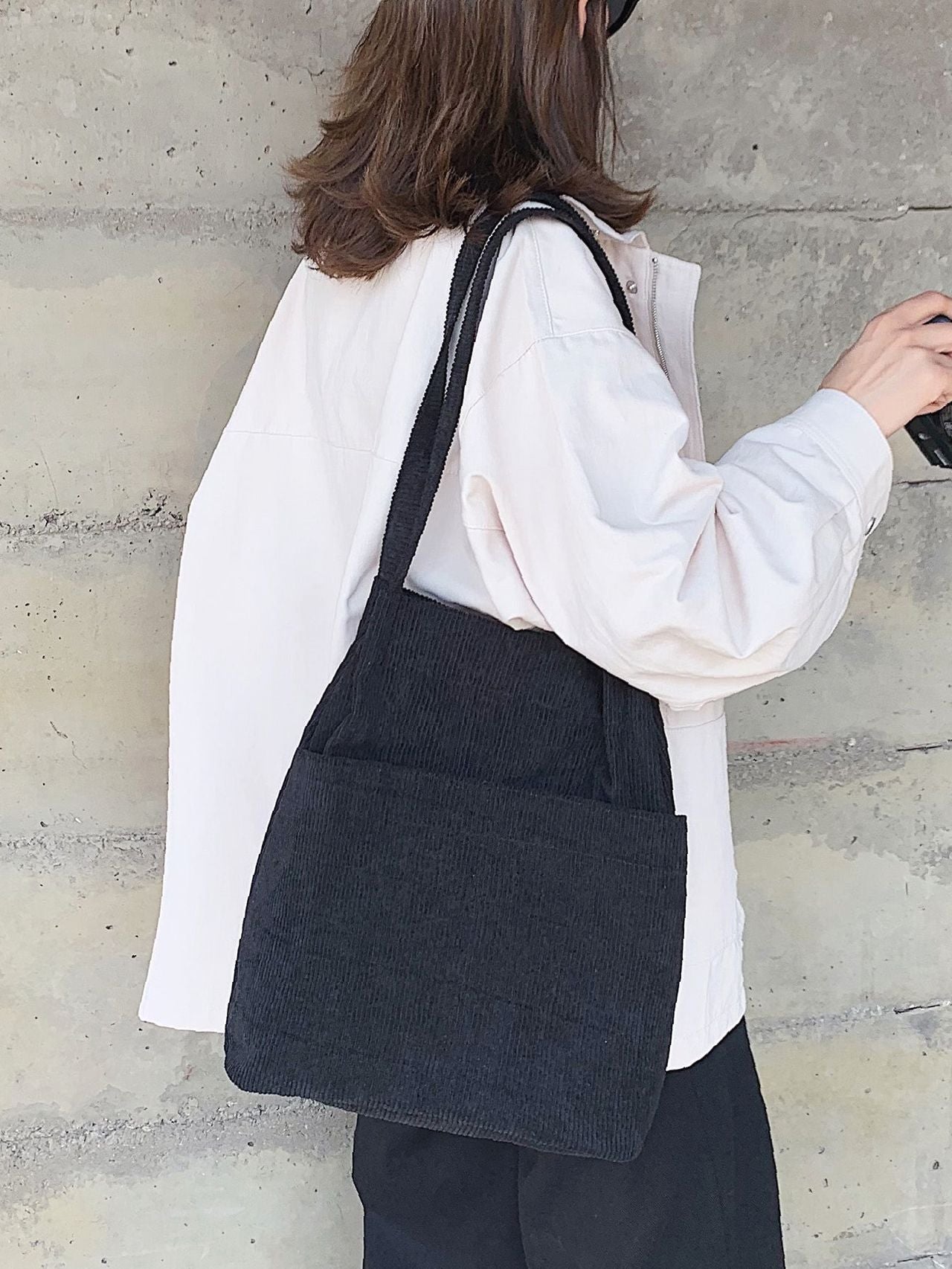 Maxct - Side Pocket Corduroy Tote Bag  - Women Tote Bags