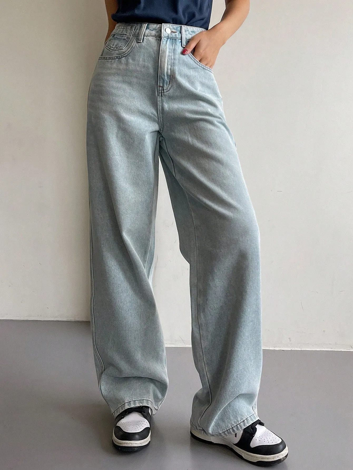 Maxct Women's Casual Wide-Legged Loose Fit Denim Pants With Pockets