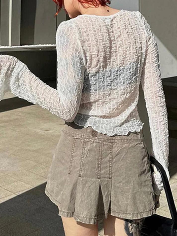 Maxct-Perspective Mesh Lace Up Long Sleeve Blouse