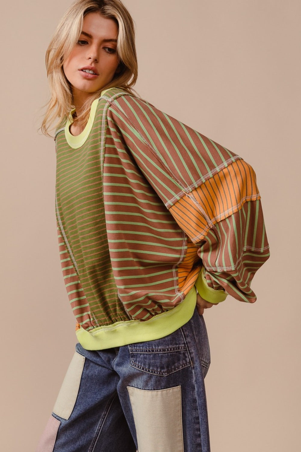 Maxct &BiBi Color Block Striped Round Neck Sweatshirt
