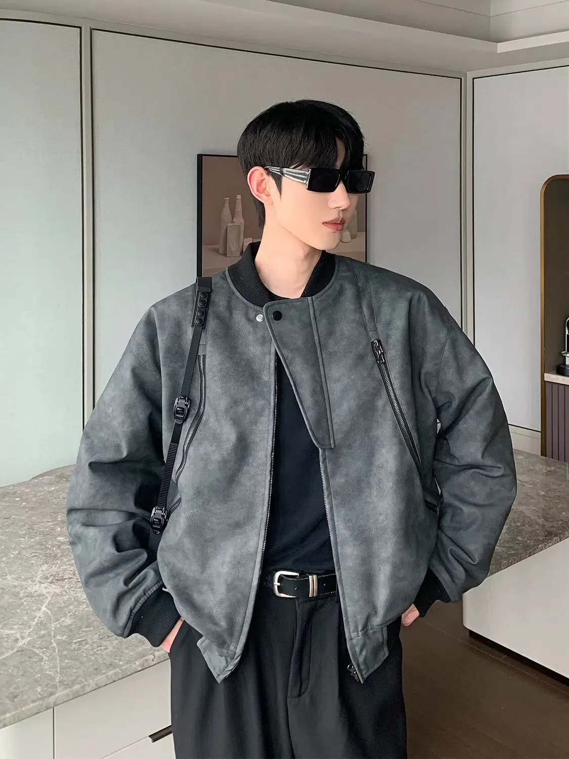 Maxct Washed Baseball Full Zip PU Leather Jacket