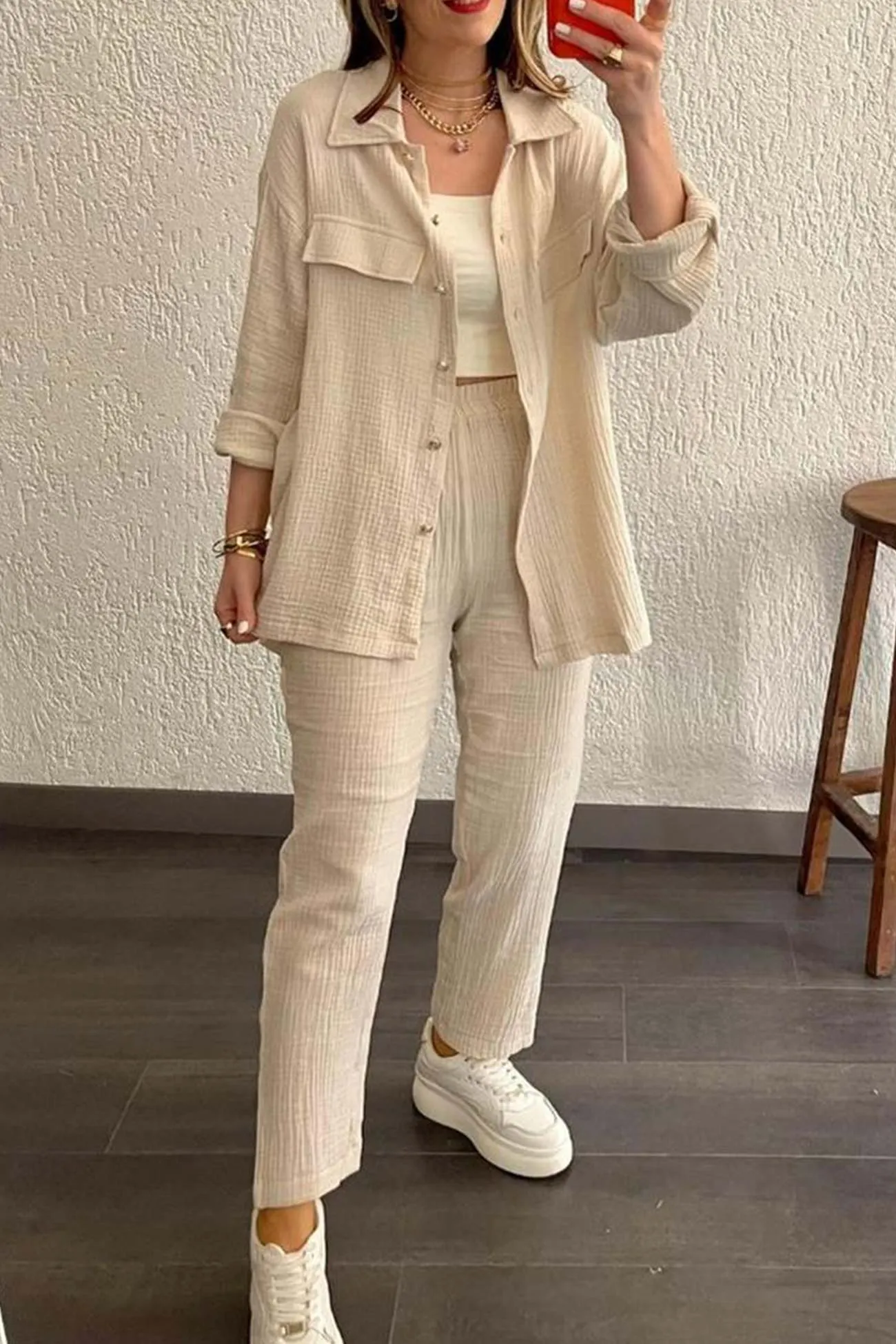 Maxct Long Sleeve Pocketed Slit Shirt Long Pants Suits