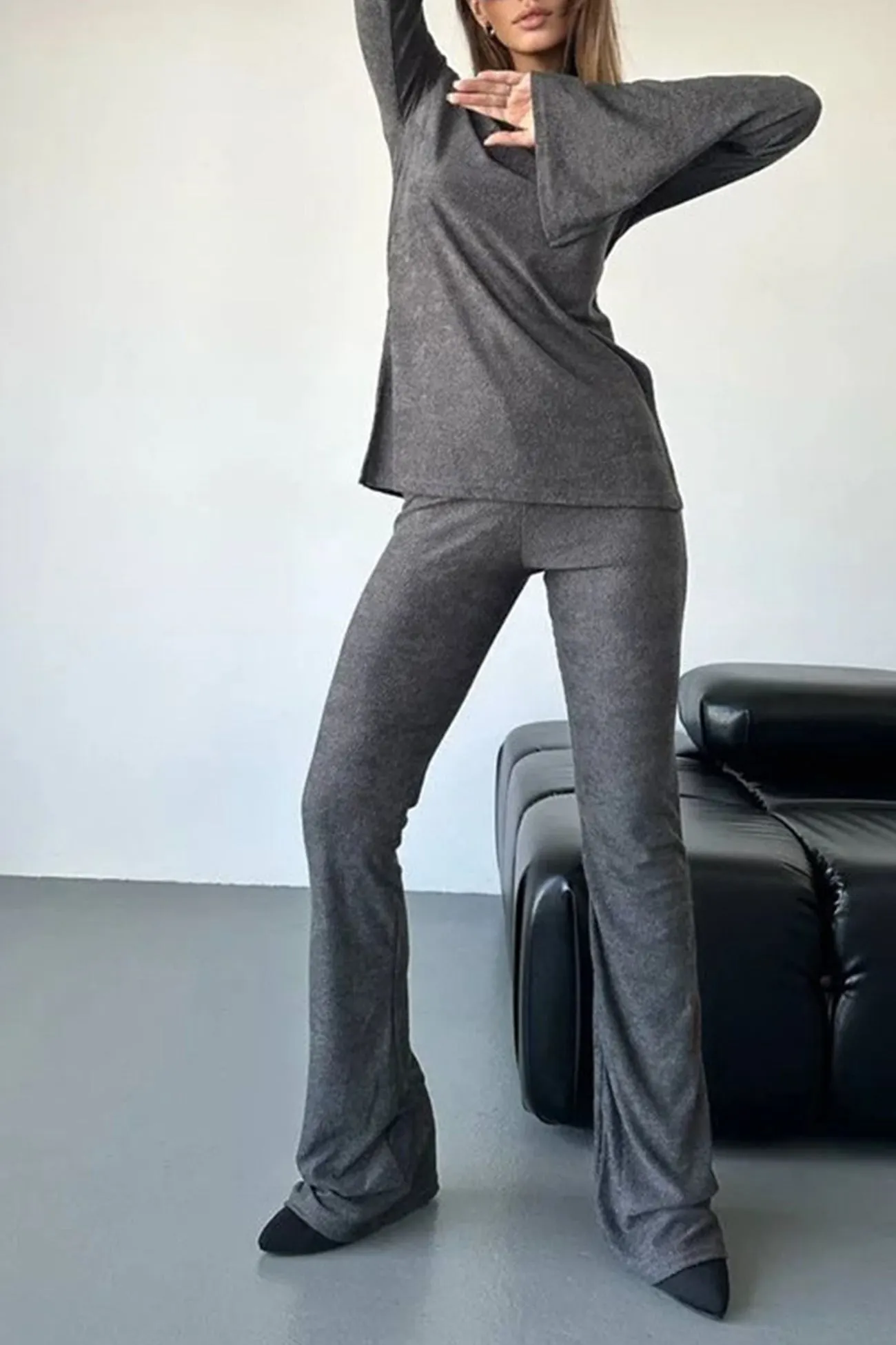 Maxct Solid Flare Sleeve Knit Tops Long Pants Set