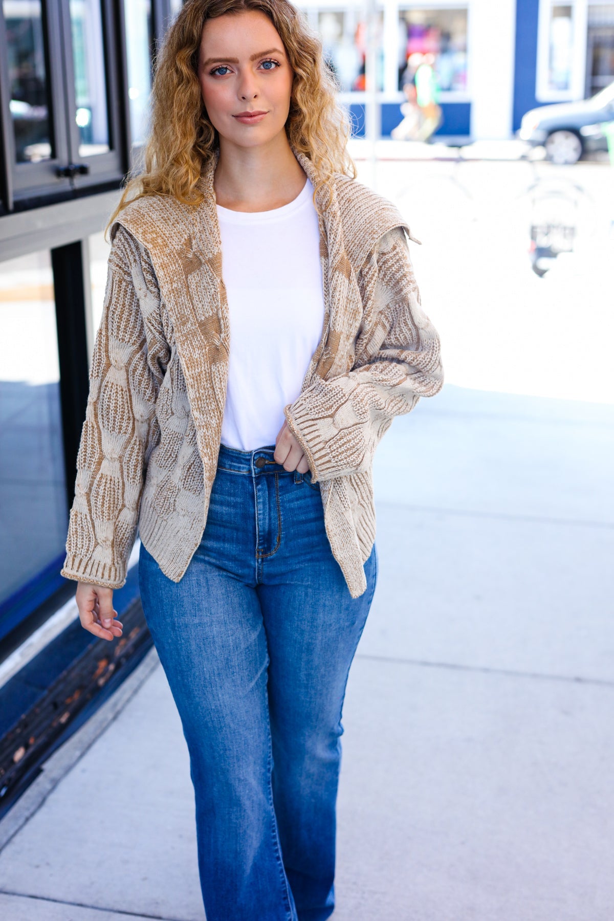 Maxct &Autumn Vibes Taupe Textured Cable Knit Collared Cardigan