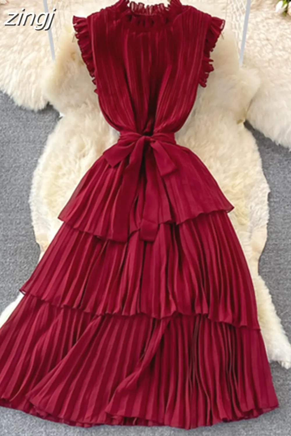 Maxct Women Purple/Pink/Green Draped Dress Vintage Ruffle Stand Collar Sleeveless High Waist Party Pleated Vestidos Female New