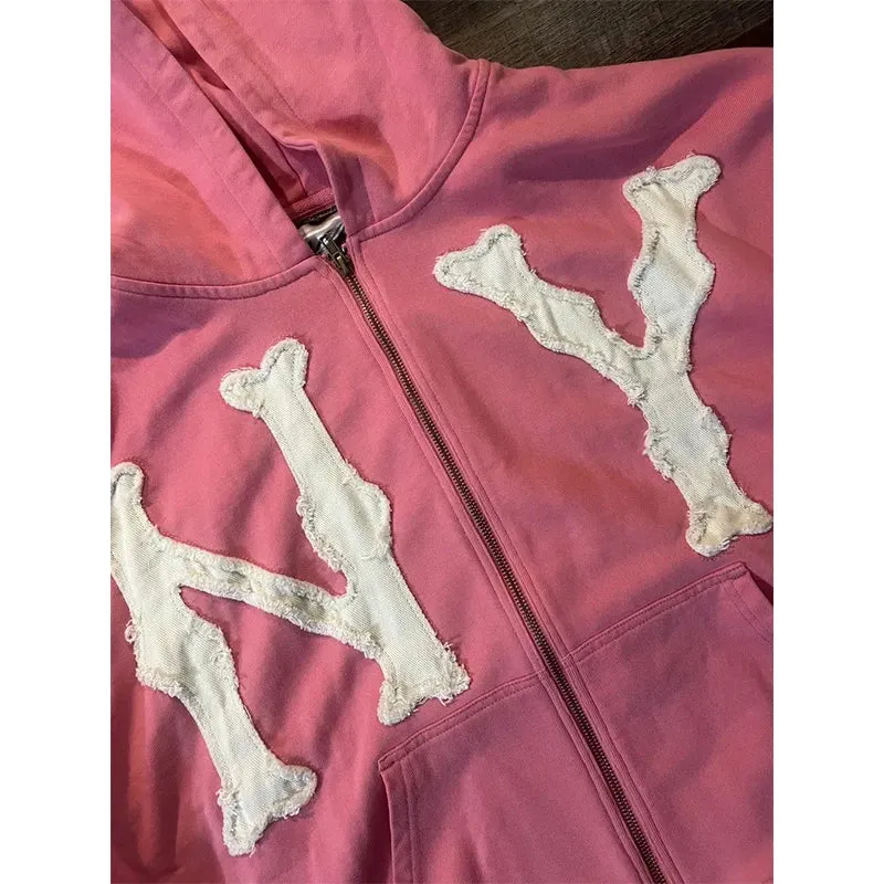 Maxct NY Letter Man Hoodie Sweatshirts Y2k Grunge Aesthetic Harajuku West Pullovers Goth Sweatshirts Grunge Loose Embroidery Hip Hop