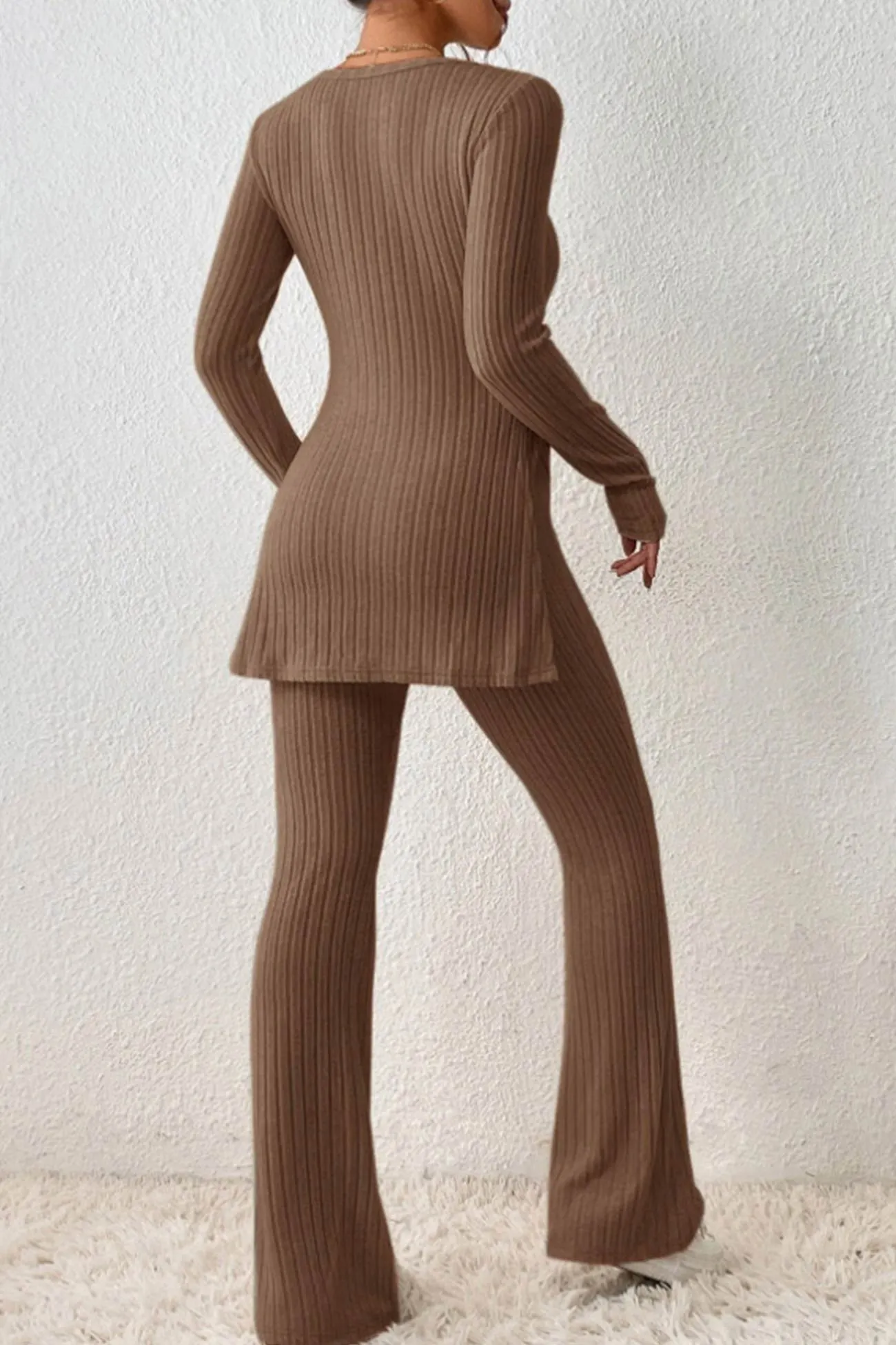 Maxct Ribbed Knit Slit Hem Tops Flares Long Pants Set