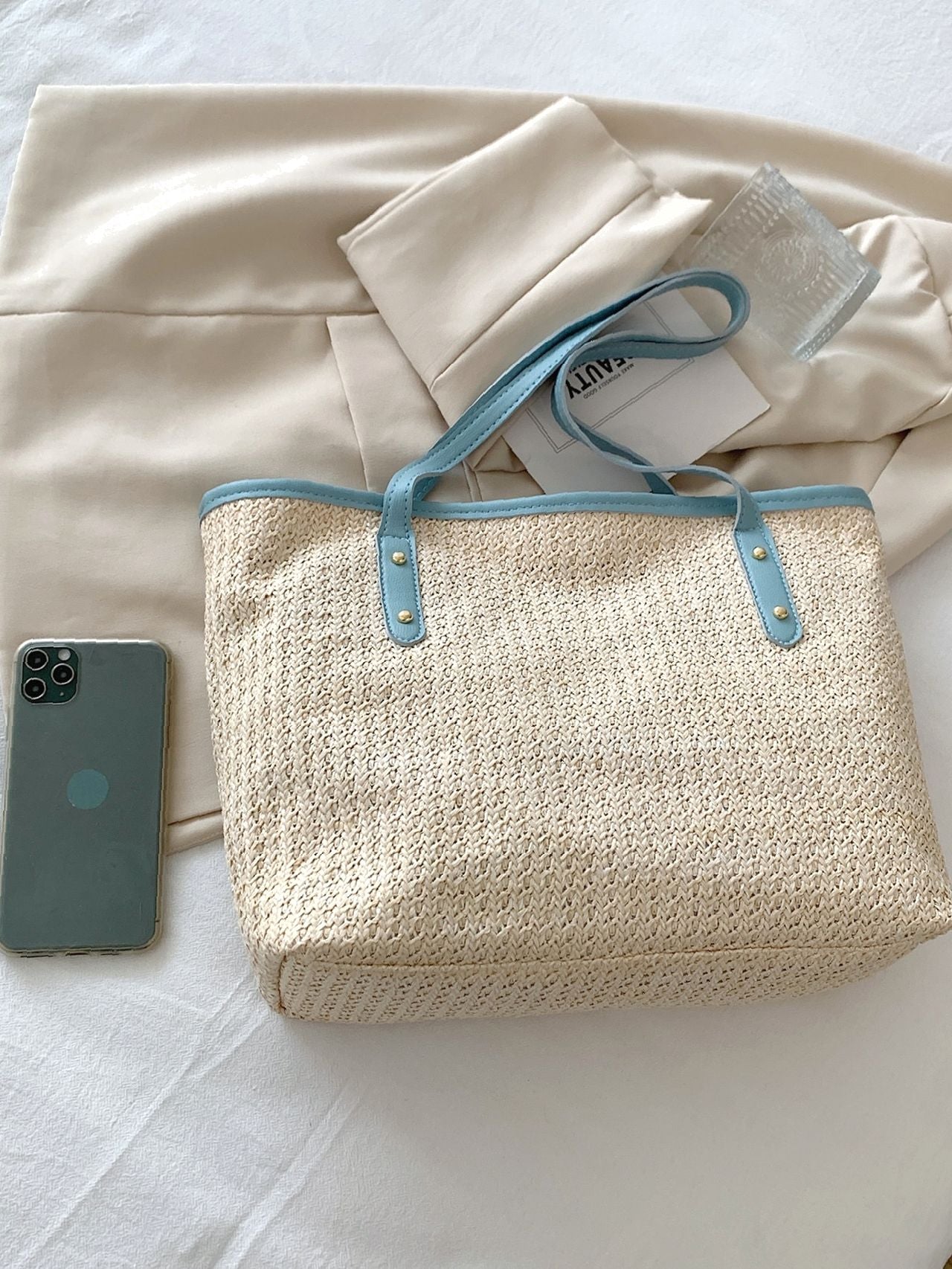 Maxct - Studded Decor Contrast Binding Straw Bag  - Women Tote Bags