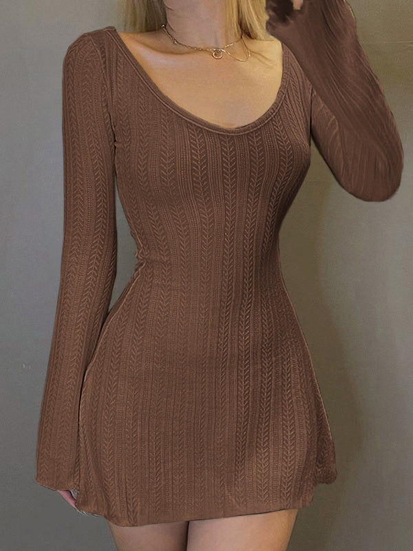 Backless Knitted Long Sleeve Mini Dress Maxct