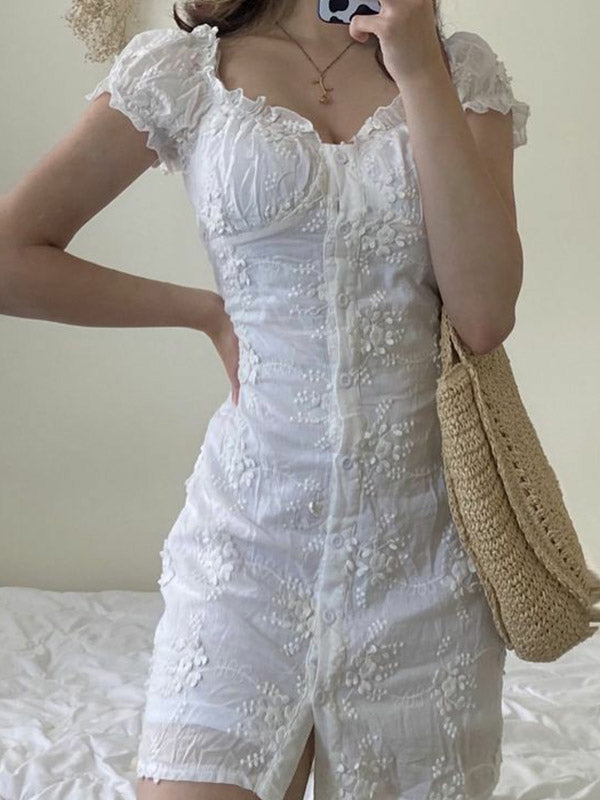 Buttoned Floral Jacquard Puff Sleeve Mini Dress Maxct