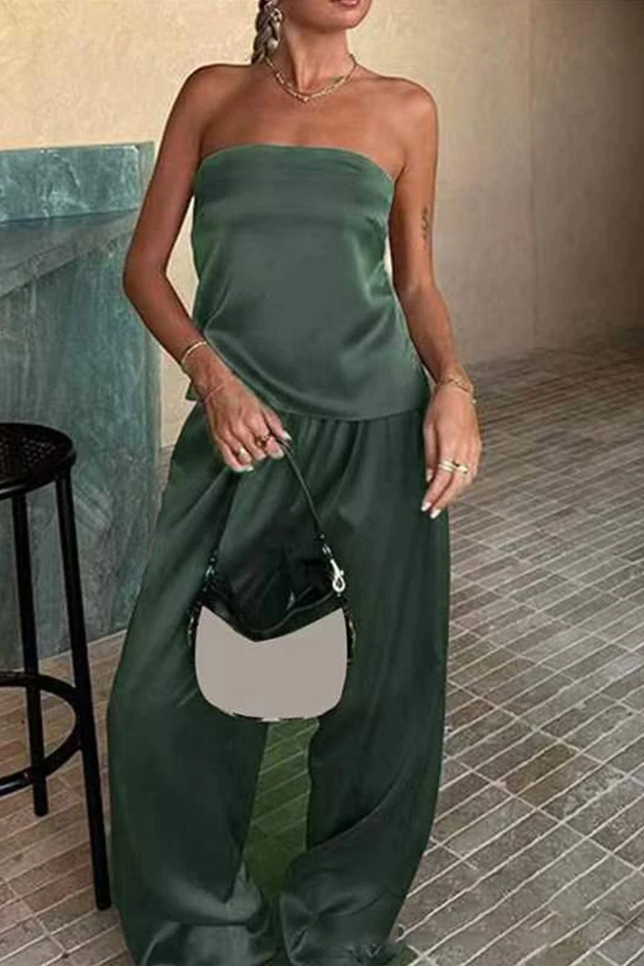Maxct Satin Solid Tube Top Long Pants Suits