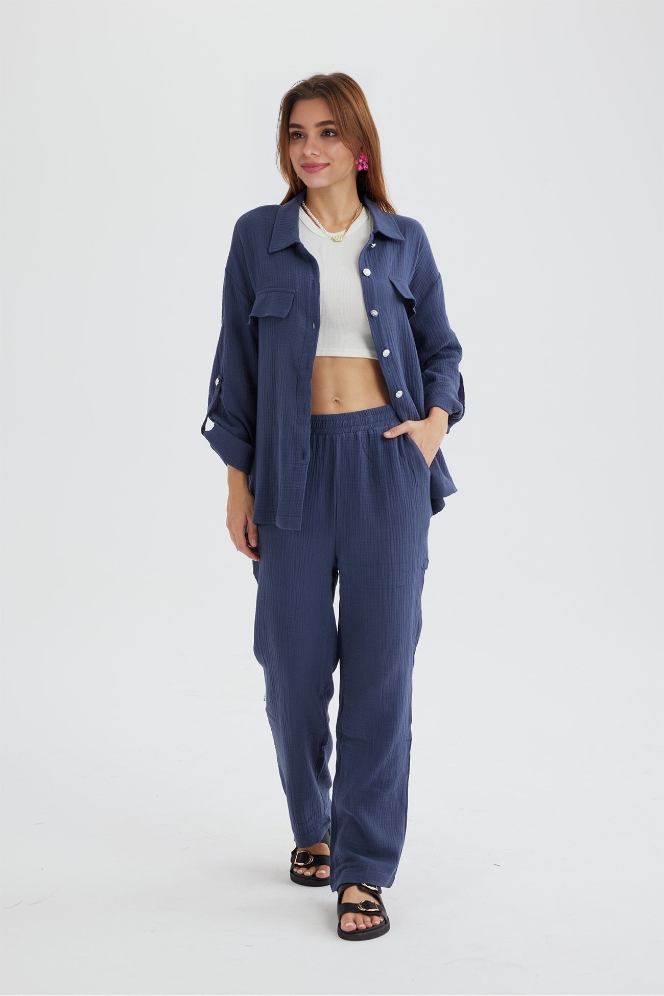 Maxct Long Sleeve Pocketed Slit Shirt Long Pants Suits