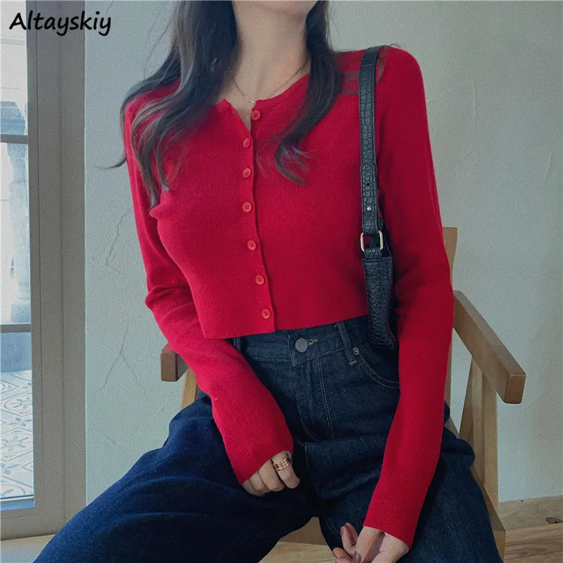 Maxct Women Cardigans Solid O-neck Knitted Stretchy Bm Style Trendy Cozy Retro Fairy Sweet Kawaii Ulzzang All-match Crop Tops Hot Slim