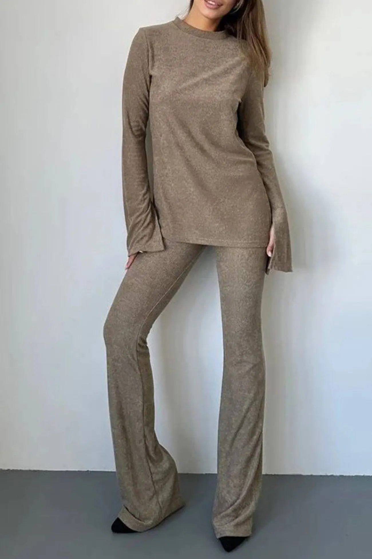 Maxct Solid Flare Sleeve Knit Tops Long Pants Set
