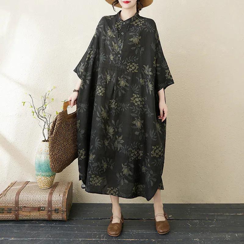 Women Spring Retro Loose Printed Buttoned Plus Size Dress