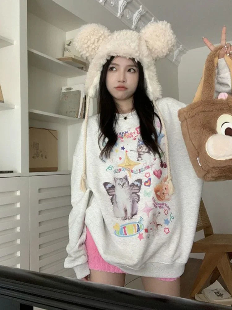 Maxct Kawaii Cat Print Hoodie Women Cutecore Long Sleeve Sweatshirt American Retro E-girl Kitten Angel Graphic Alt Clothes Y2k