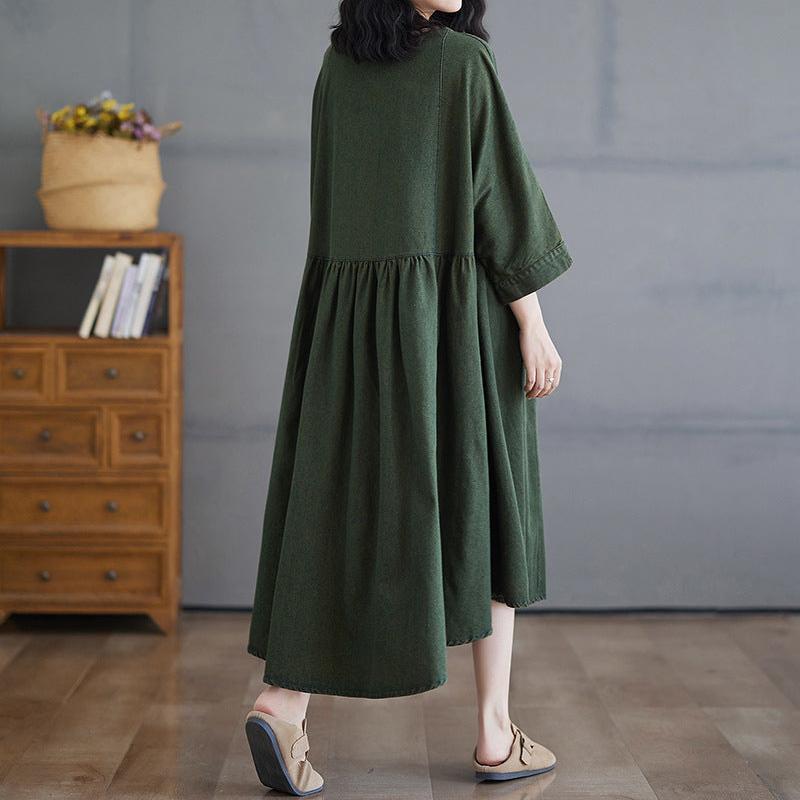 Maxct Women Autumn Retro Spliced A- Line Denim Dress