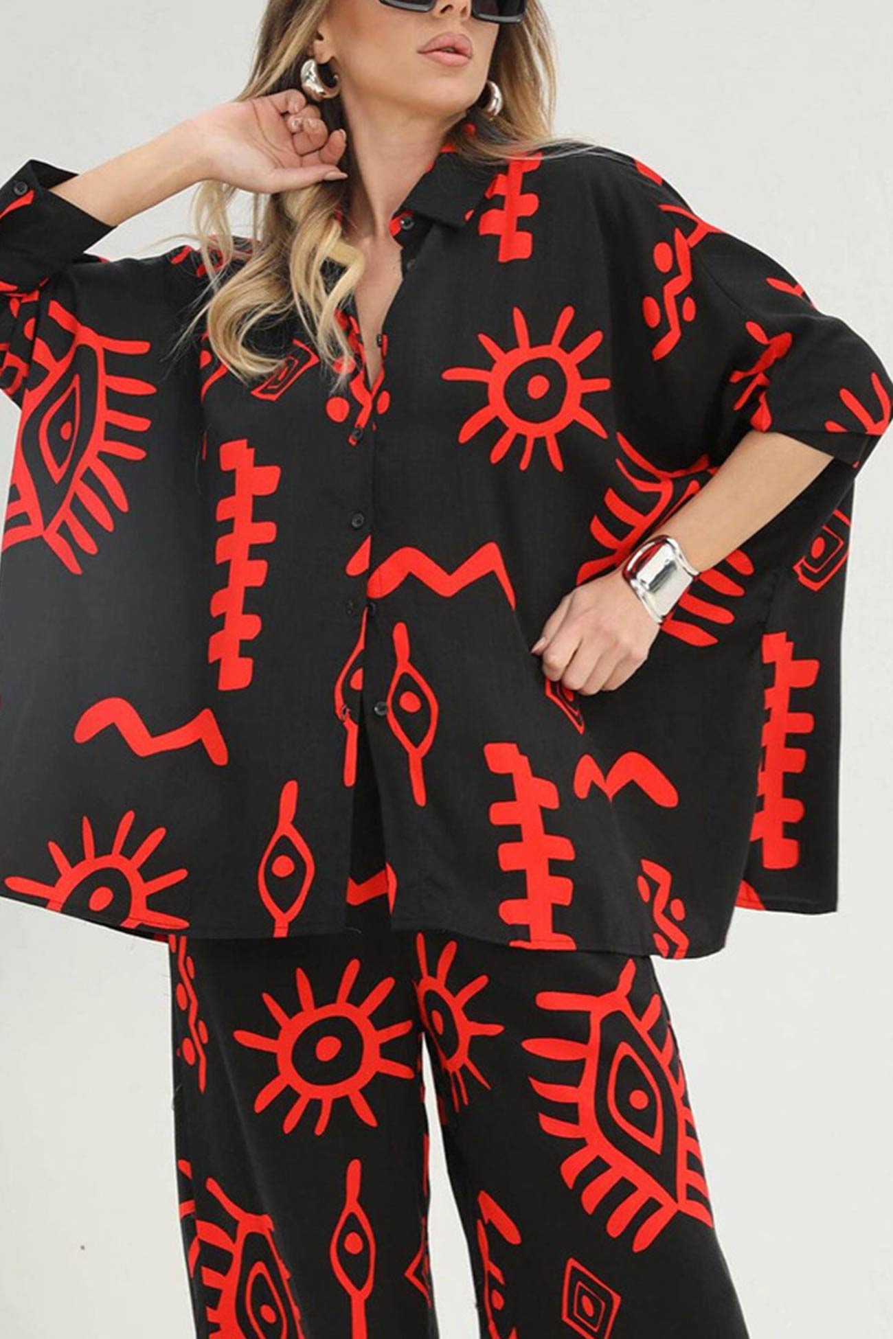 Maxct Printed Bat Sleeve Loose Shirt Suits