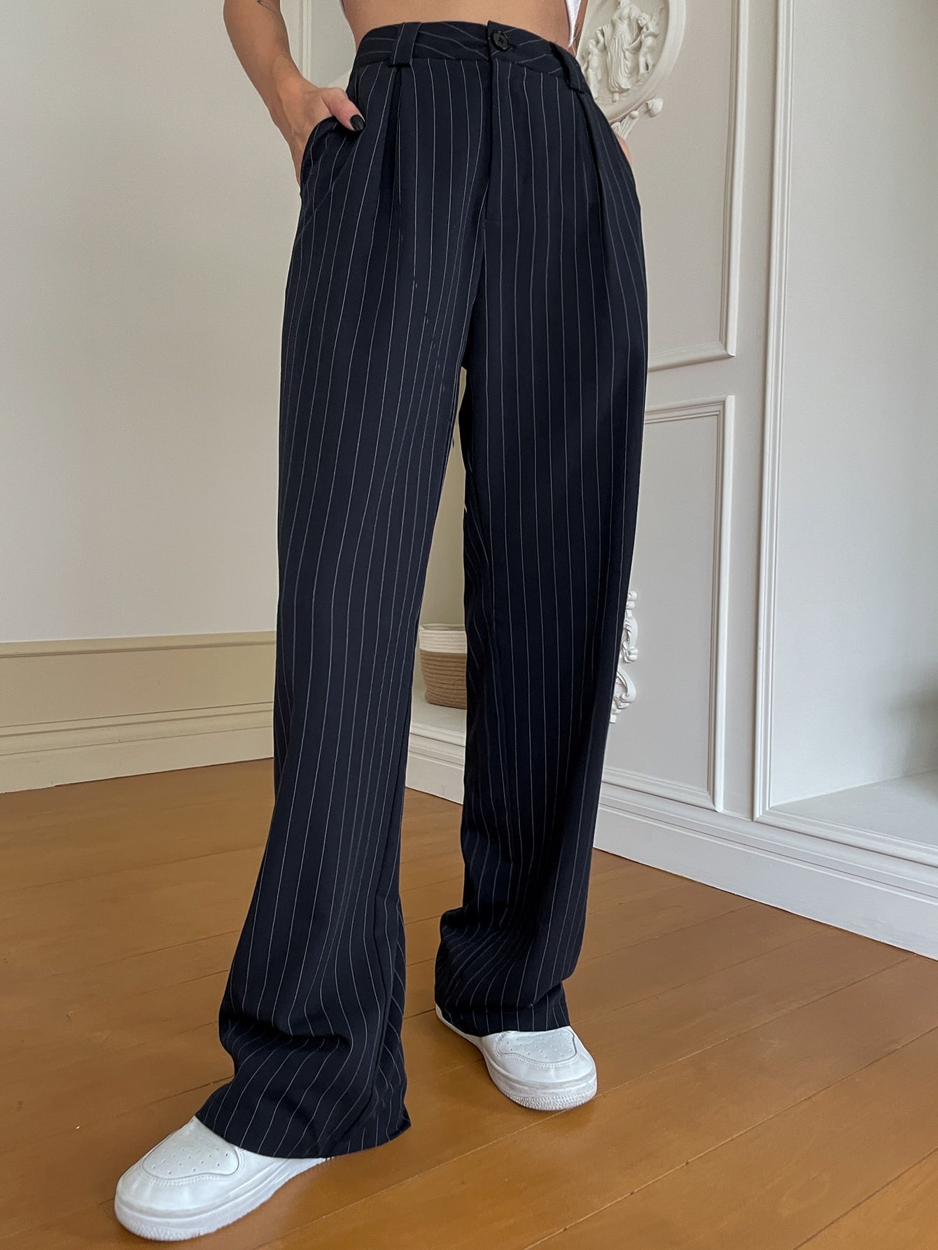 Maxct Pinstriped Print Wide Leg Suit Pants
