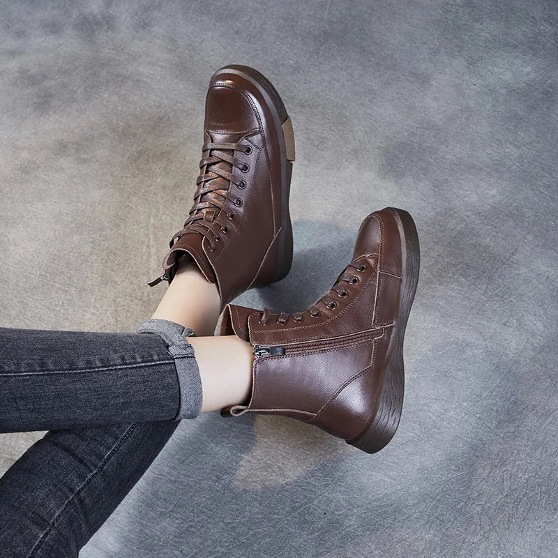 Handmade Retro Leather Ankle Boots Women's Winter Flats Maxct