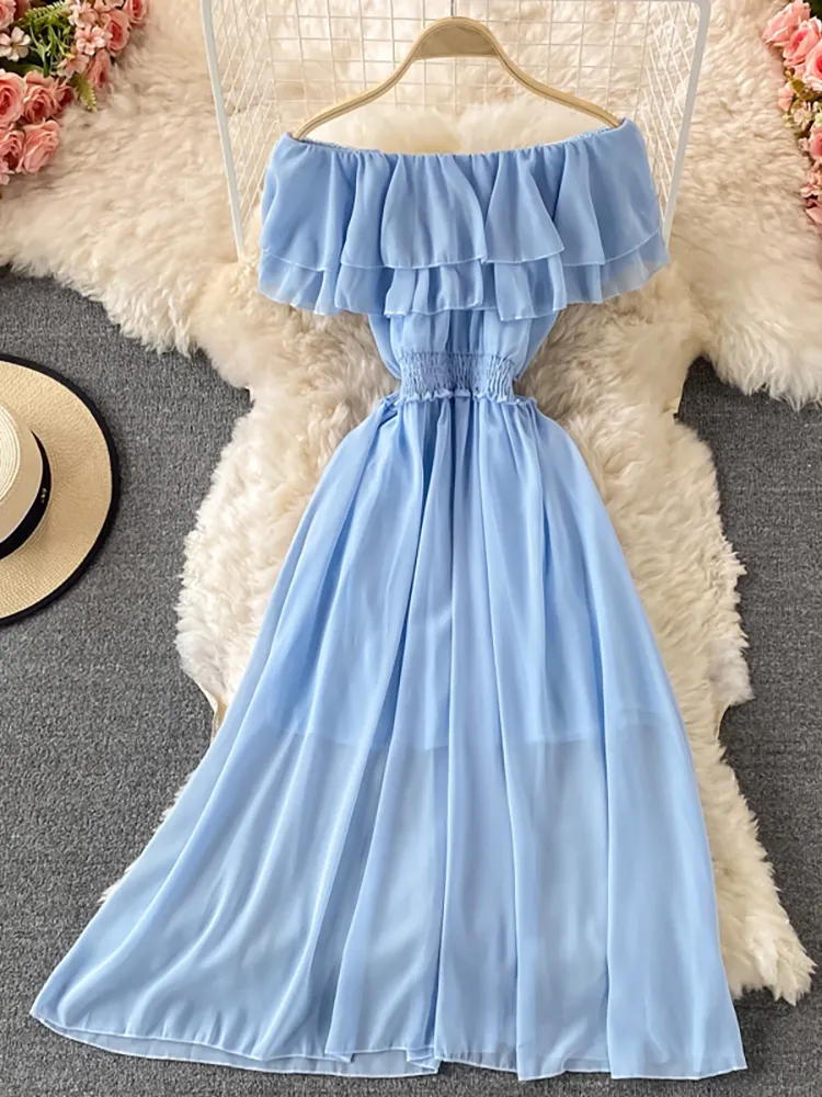 Maxct Chiffon Dress Women Sexy Slash Neck Ruffle Robe Elegant Ruffle High Waist Vestidos Female Beach Vacation New