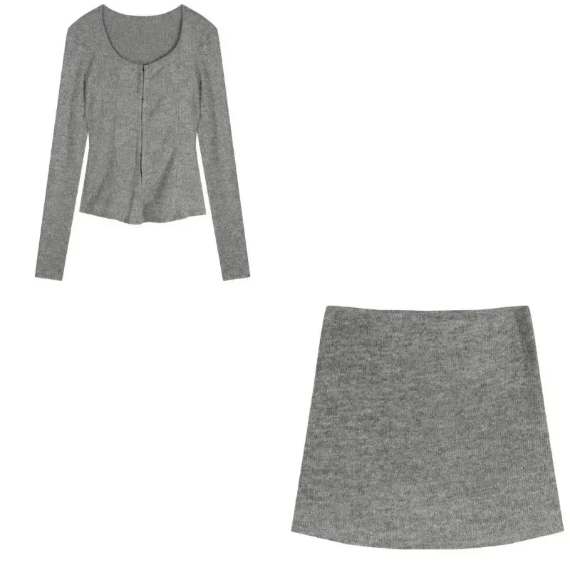 Voguable  2 Piece Dress Set Elegan Casual Long Sleeve Knitted Suits Y2k Crop Tops + Bodycon High Waist Mini Skirt Korean Maxct