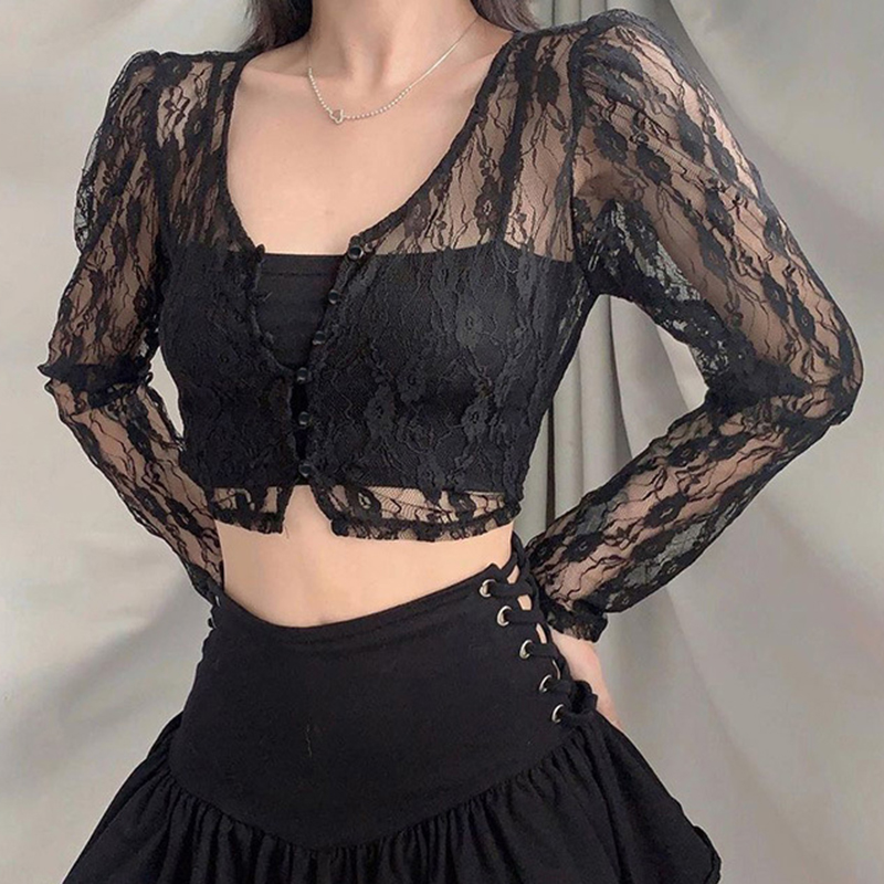 90s Vintage Button Up Long Sleeve Crop Top Floral Lace Transparent T-shirt Korean Harajuku Slim Fit Tees Y2K Women Streetwear
