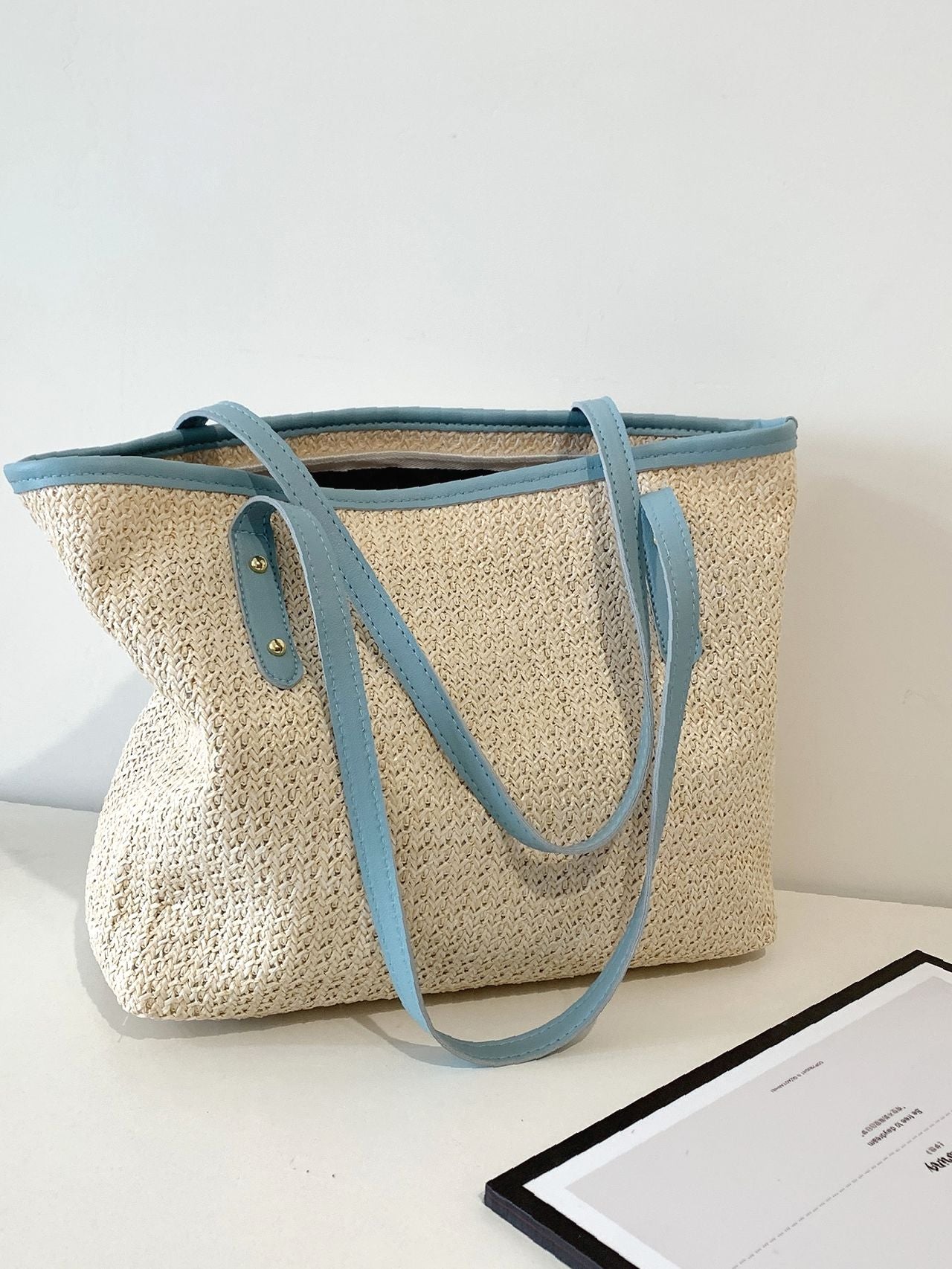 Maxct - Studded Decor Contrast Binding Straw Bag  - Women Tote Bags