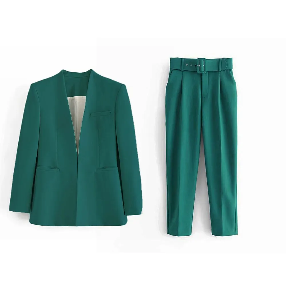 Maxct 2024 Women Fashion Two Pieces Sets Office Wear Blazers Coat And With Belt High Waist Pants Female