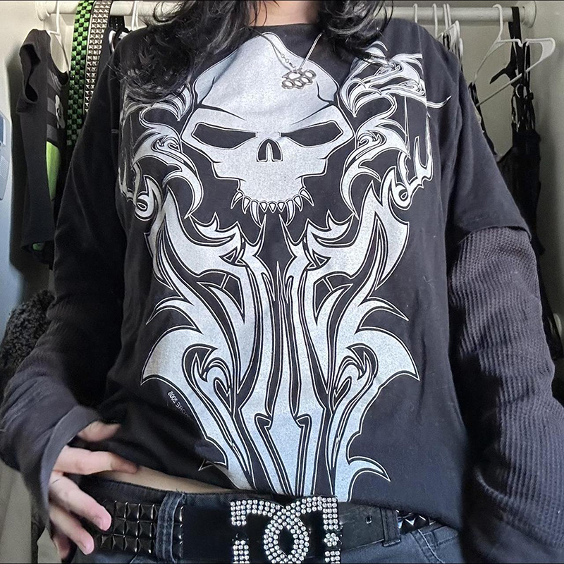 Japanese Edgy 00s Retro Gothic Emo T-shirt Cyber Y2K Grunge Mall Goth Top Patchwork Full Sleeve Baggy Pullovers Tees