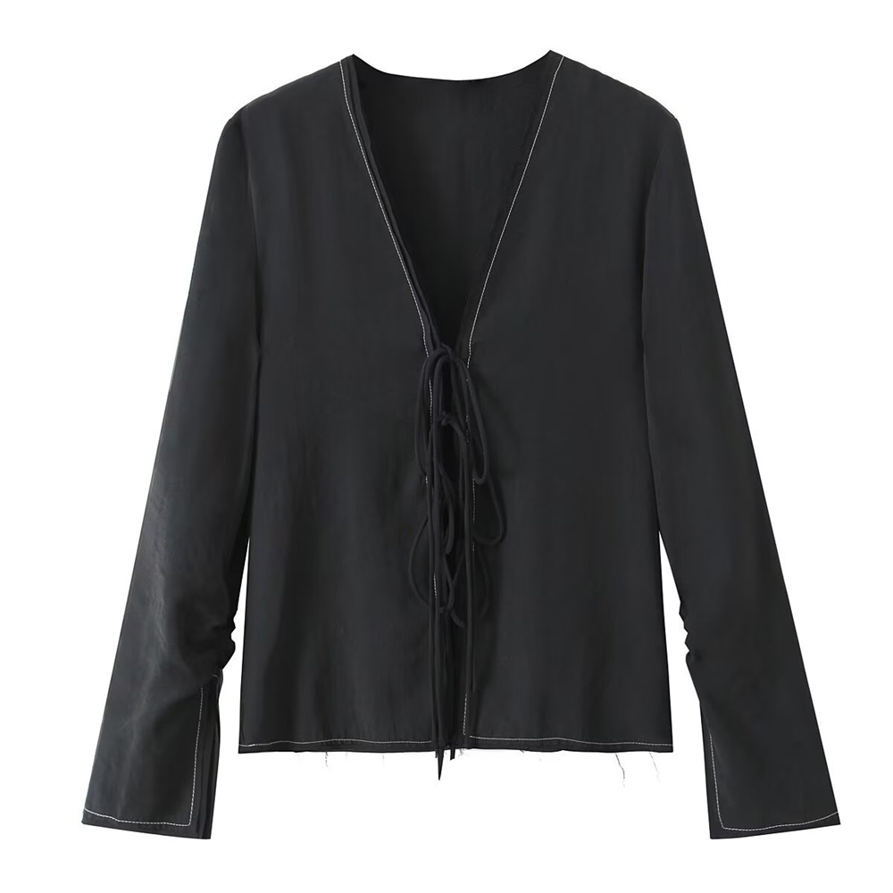 Autumn New Women's Fashion Simple Slim Fit Solid Color Deep V-neck Bow Tie Decorative Long Sleeve Shirt