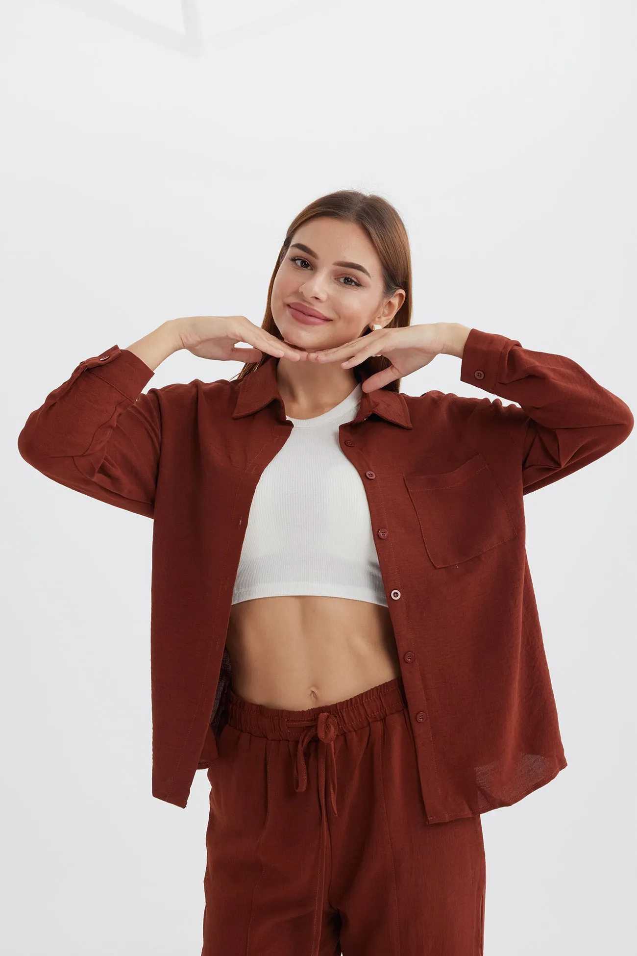Maxct Long Sleeve Solid Color Shirt Long Pants Set - Image 23