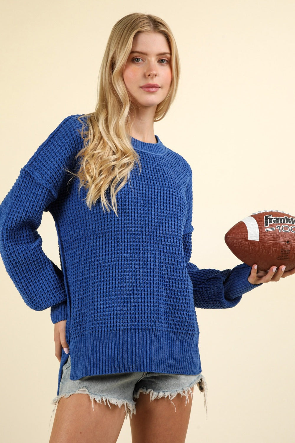 Maxct &VERY J Waffle-Knit Exposed Seam Round Neck Sweater