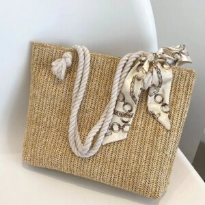 Maxct - Twilly Scarf Decor Straw Bag  - Women Tote Bags