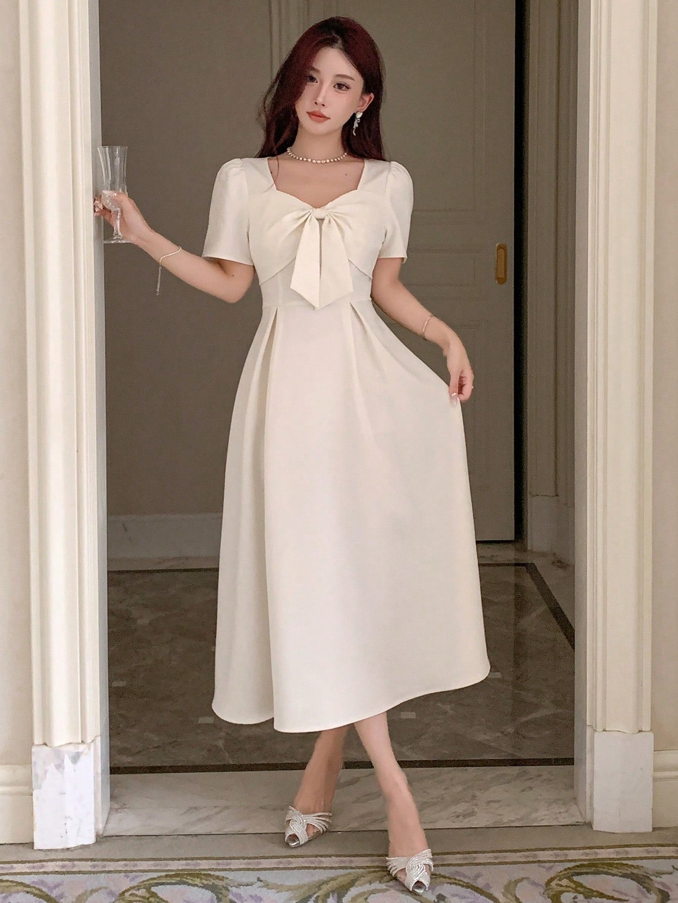 Maxct Women's Solid Color Simple Daily Butterfly Decorated Dress