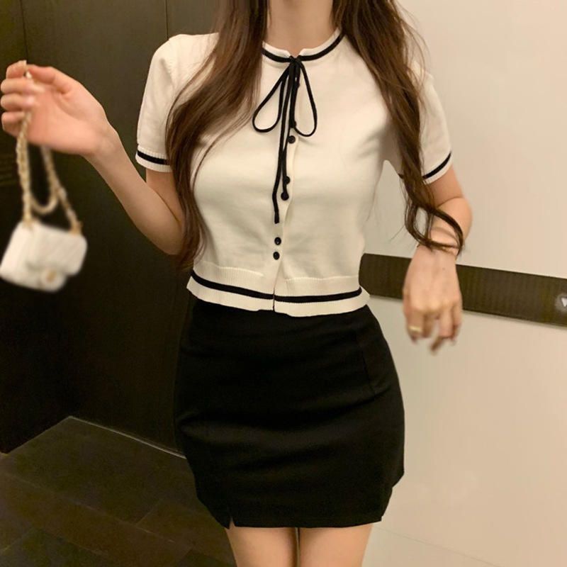 Maxct Knitted Short-sleeved Tops Crew Neck Casual Female Tee Short Coat Single-breasted Streetwear Top