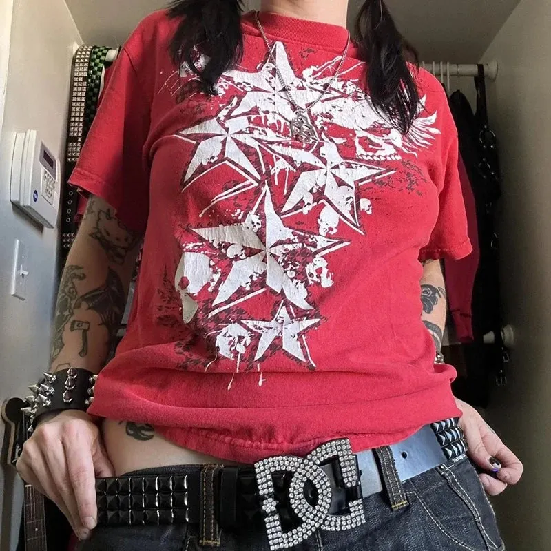 Maxct Y2K Aesthetic Grunge Mall Goth Crop Top Vintage Striped Rose Graphic Print T-shirt E-girl Harajuku Gothic Short Sleeve Slim Tees
