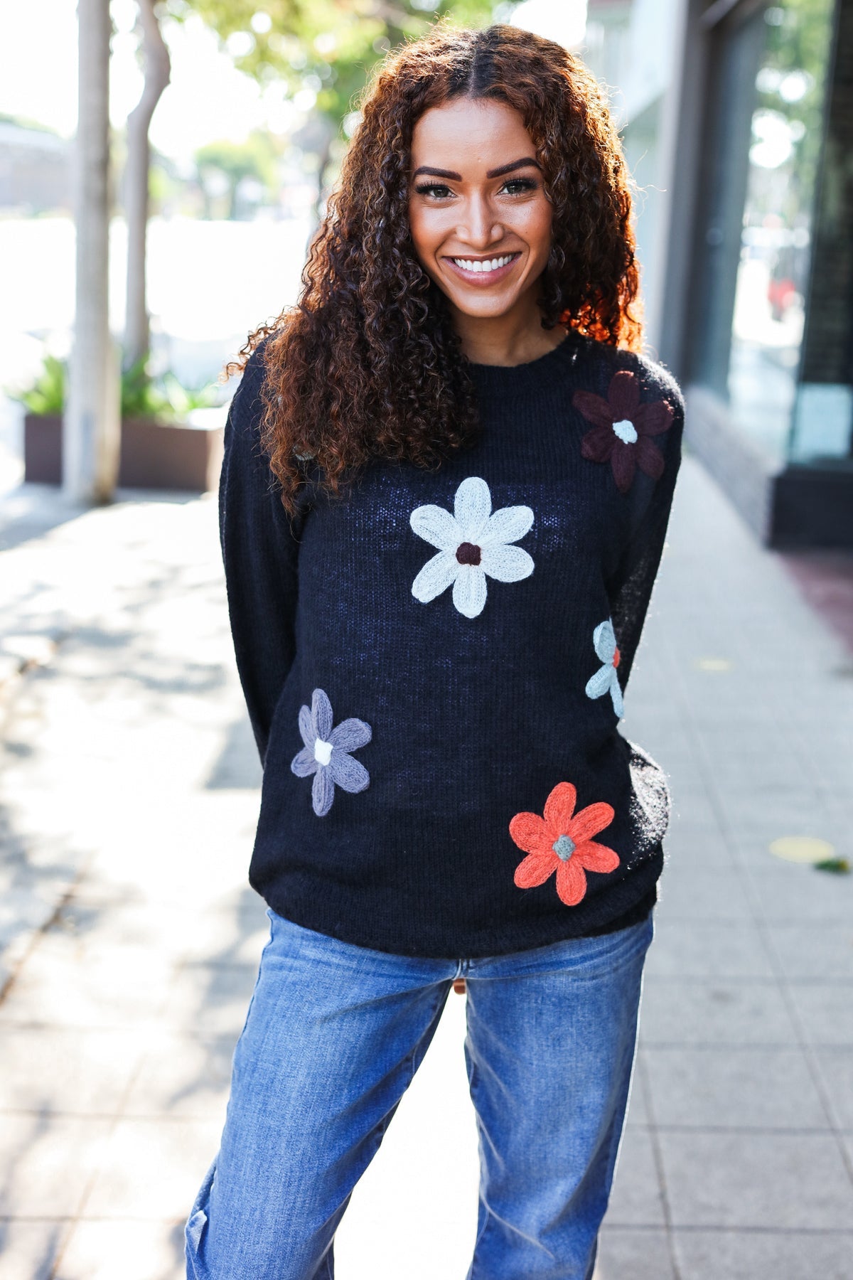 Maxct &Eyes On You Black Flower Patch Oversized Knit Sweater