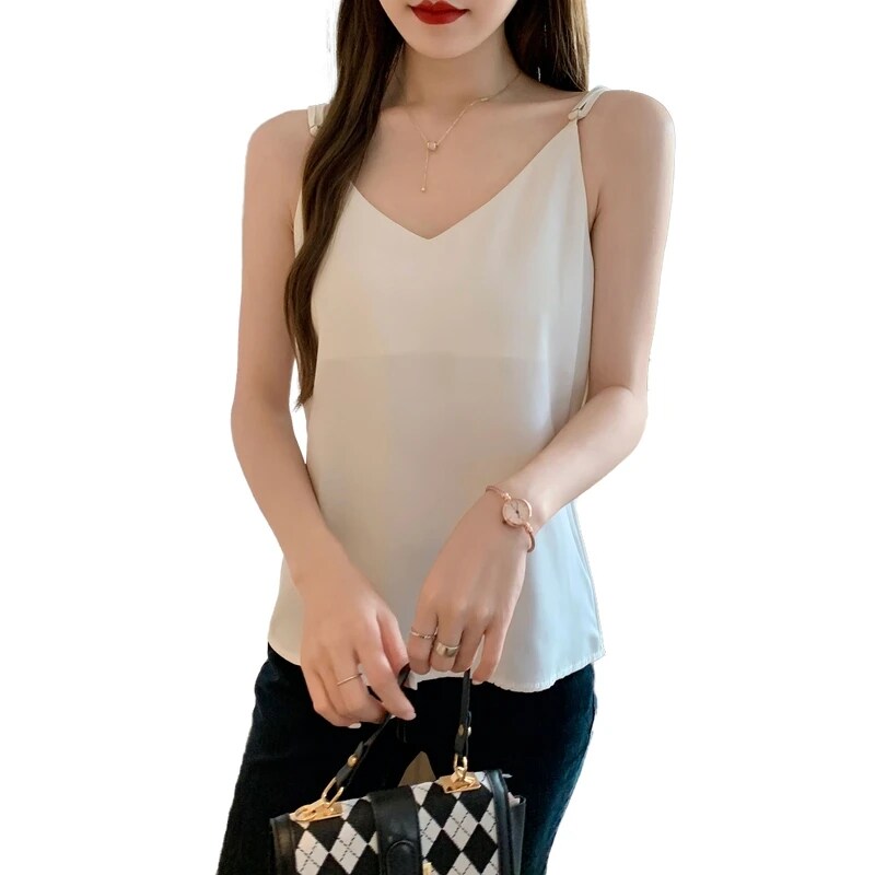 Maxct Chiffon Camisole Female V Neck Plain Loose Camis Tops With Adjustable Straps