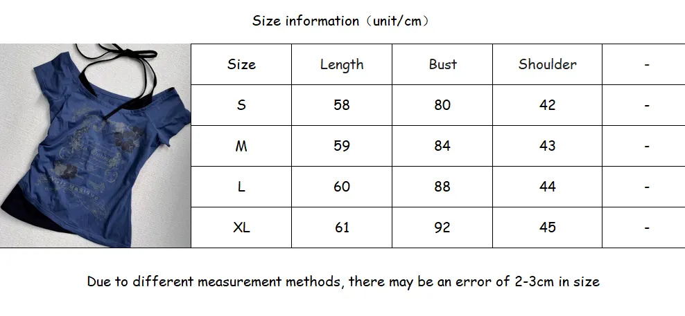 Retro Millennium Blue Fake Two Piece Halter Neck Letter Print T-Shirt Women Fashion Street Hot Girl Slim Fit Casual Y2K Top