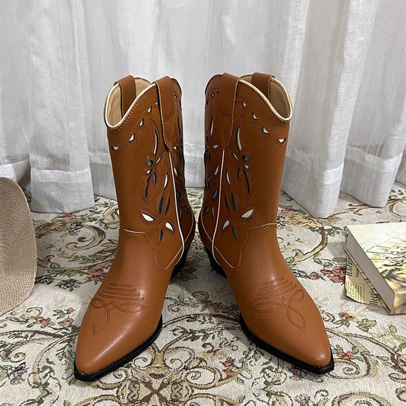 Womens Western Boots Block Heel Cut-Out Cowboy Boots All Genuine Leather Maxct