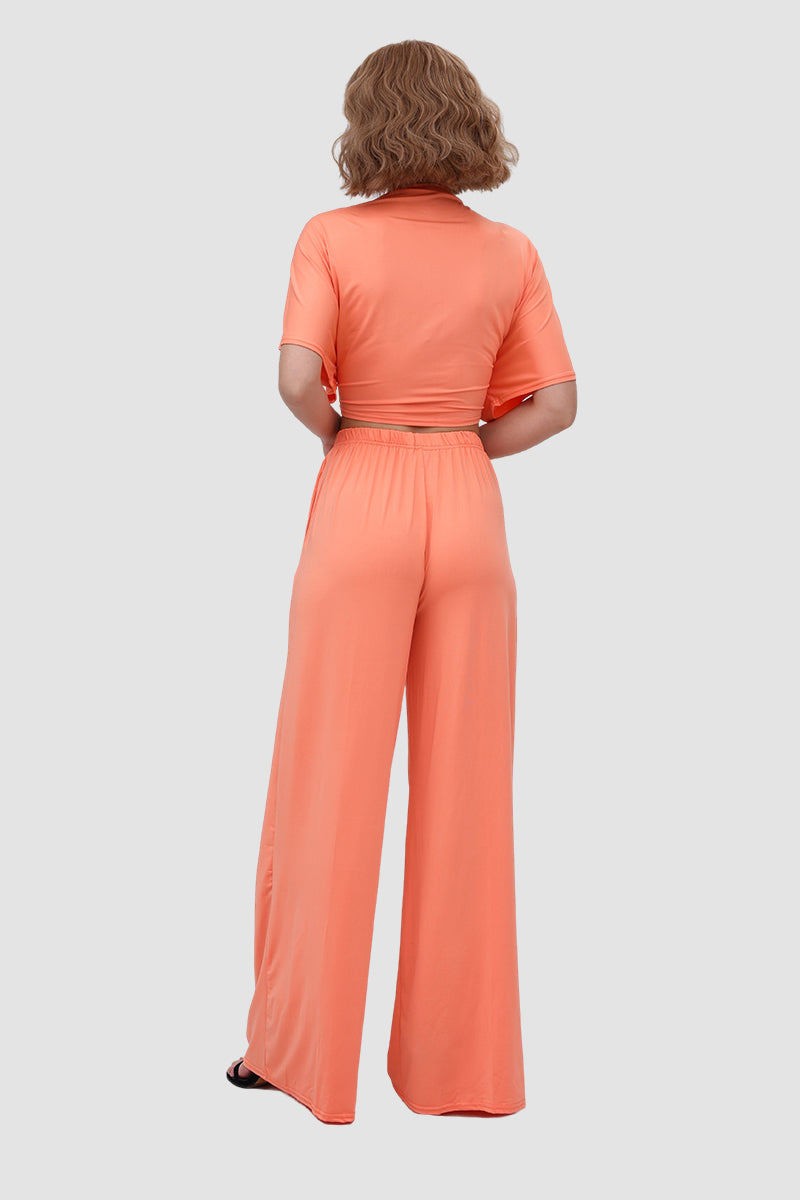 Maxct Deep V-neck Top & Elastic Wide Leg Pants