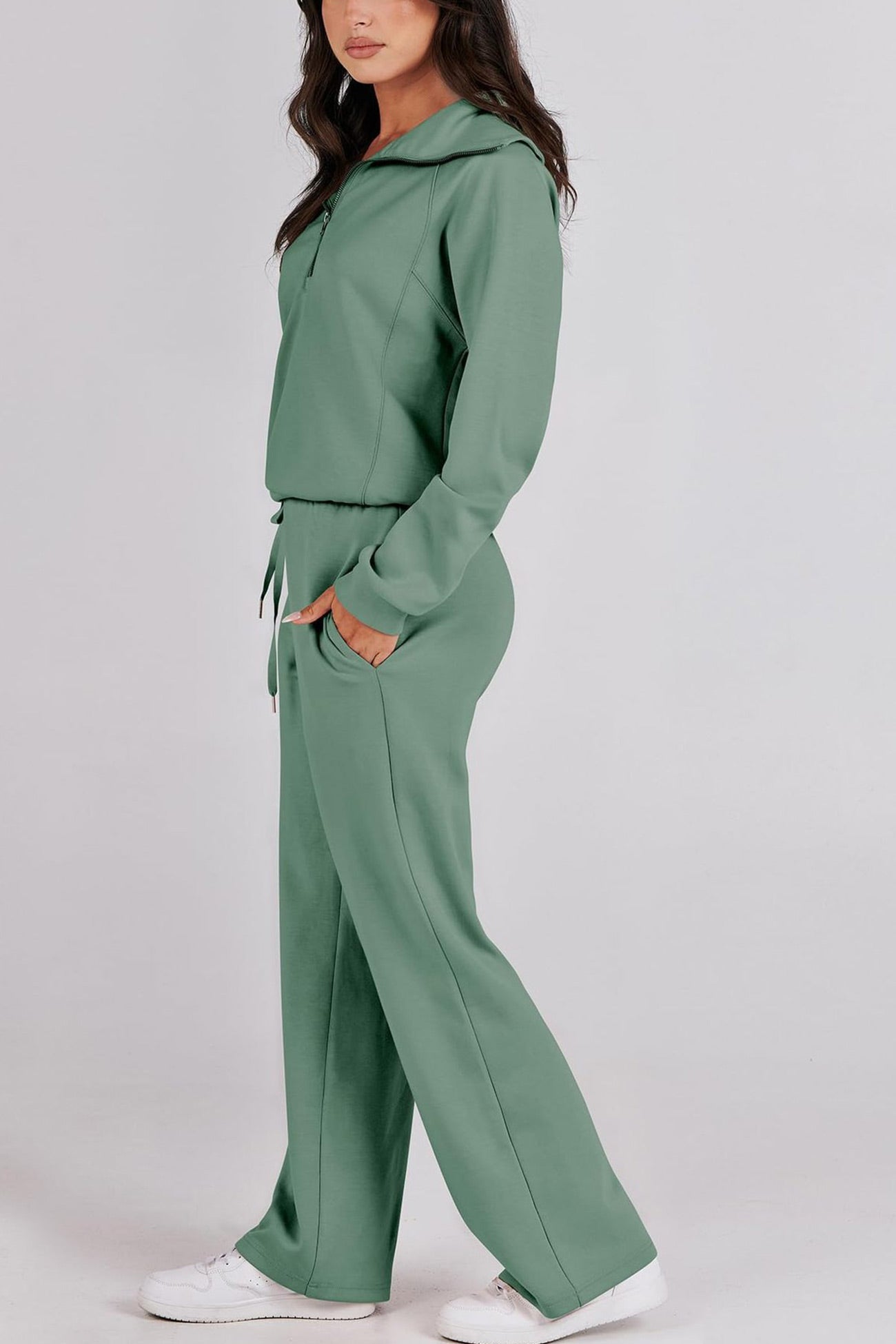 Maxct Lapel Zip-up Sweatshirt Wide Leg Long Pants Set
