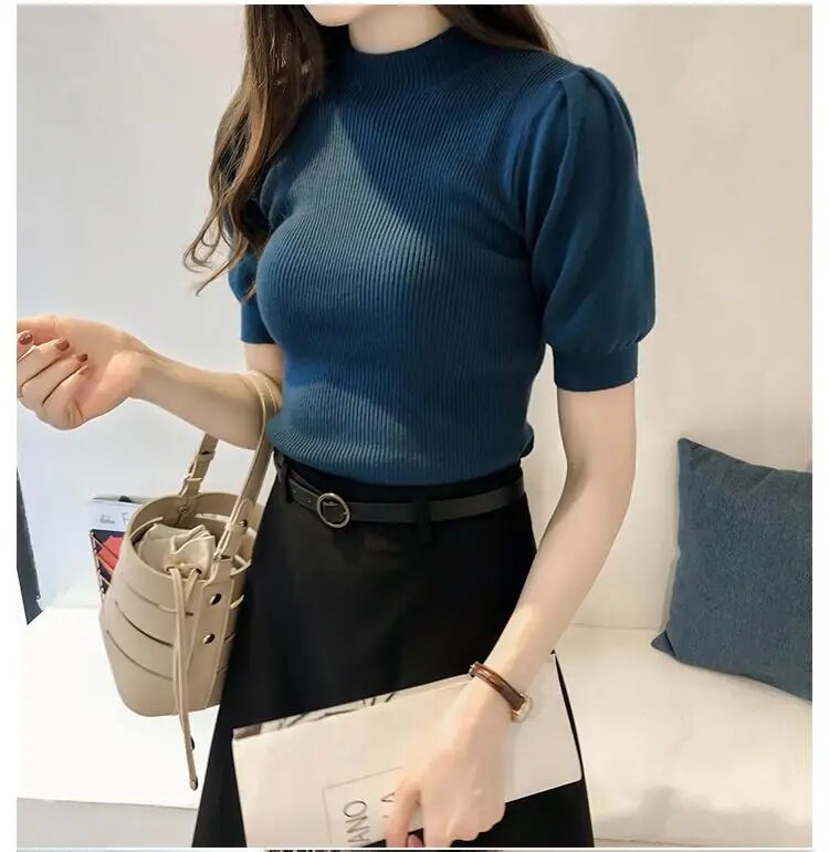 Maxct Turtleneck Knitted T-shirts Tops Woman Slim Short Puff Sleeve Buttons Soft Solid Autumn T-shirt Tee Female