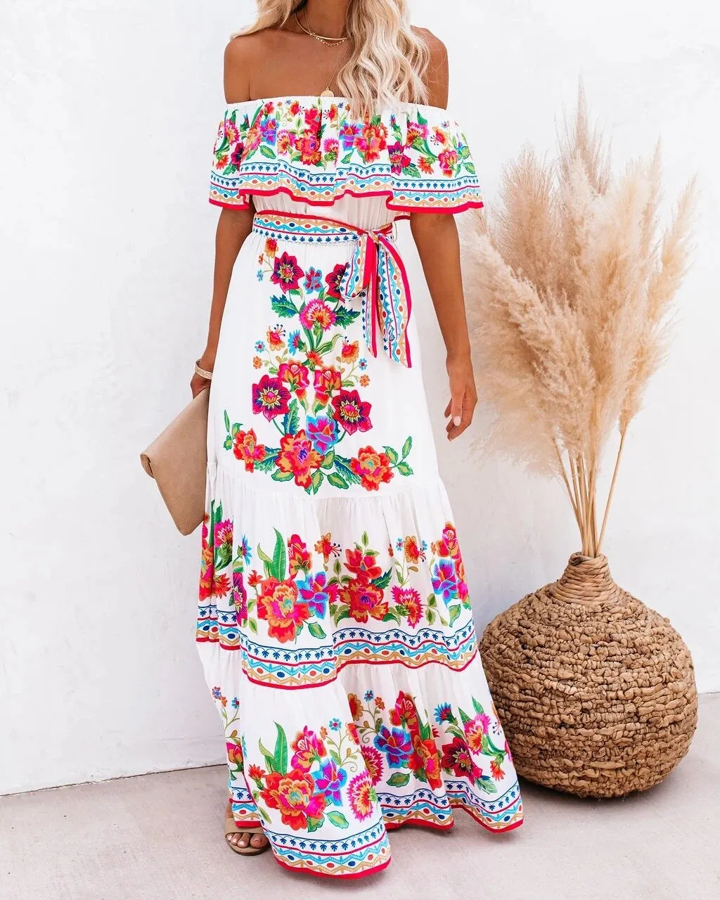 Maxct Printed Vintage Long Dresses For Women Sexy Off-Shoulder Ruffle Fashion Boho Party Maxi Dress Ladies Beach Sundress 9967