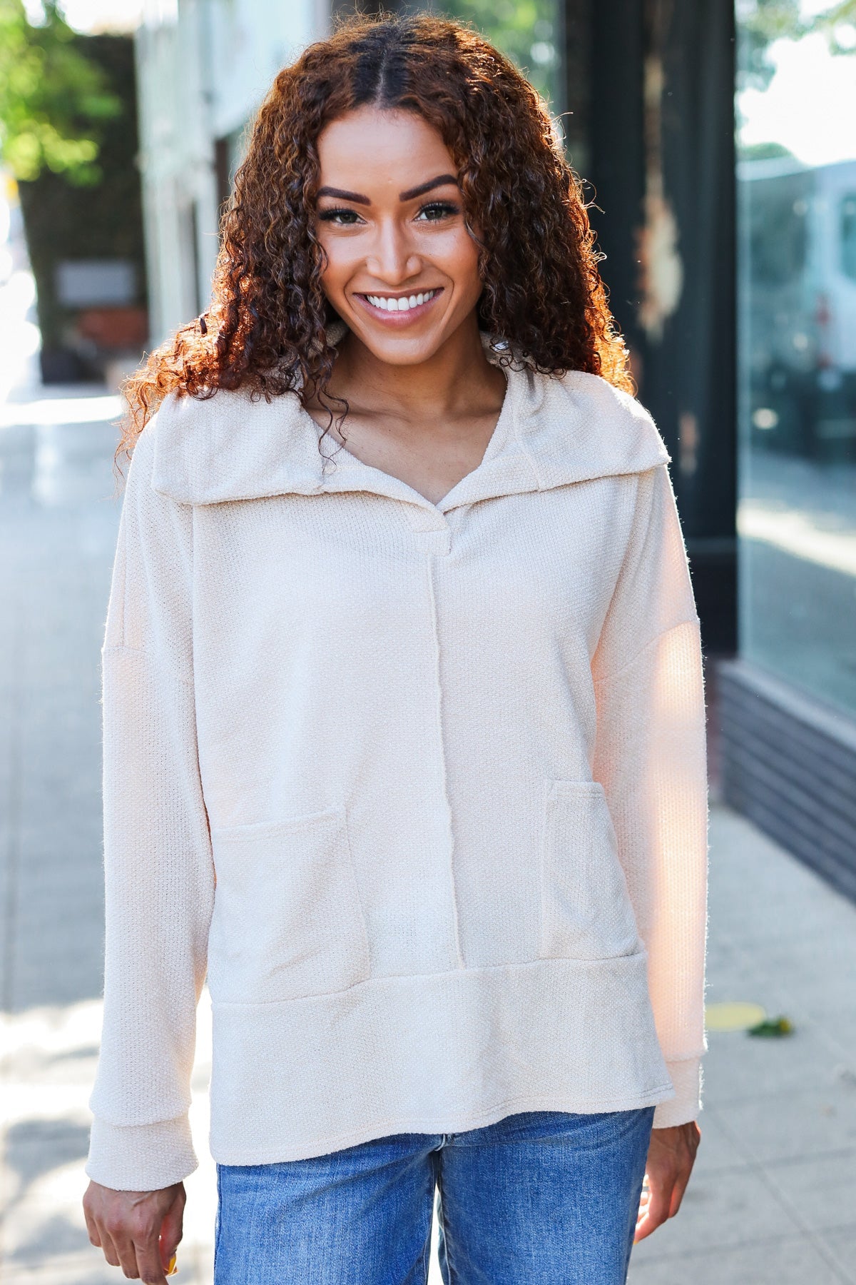 Maxct &Easy Living Oatmeal Textured Knit Notch Neck Oversized Collar Sweater