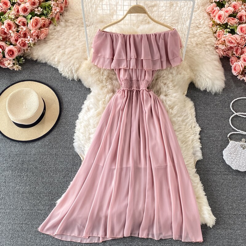 Chiffon Dress Women Sexy Slash Neck Ruffle Robe Elegant Ruffle High Waist Vestidos Female Beach Vacation New