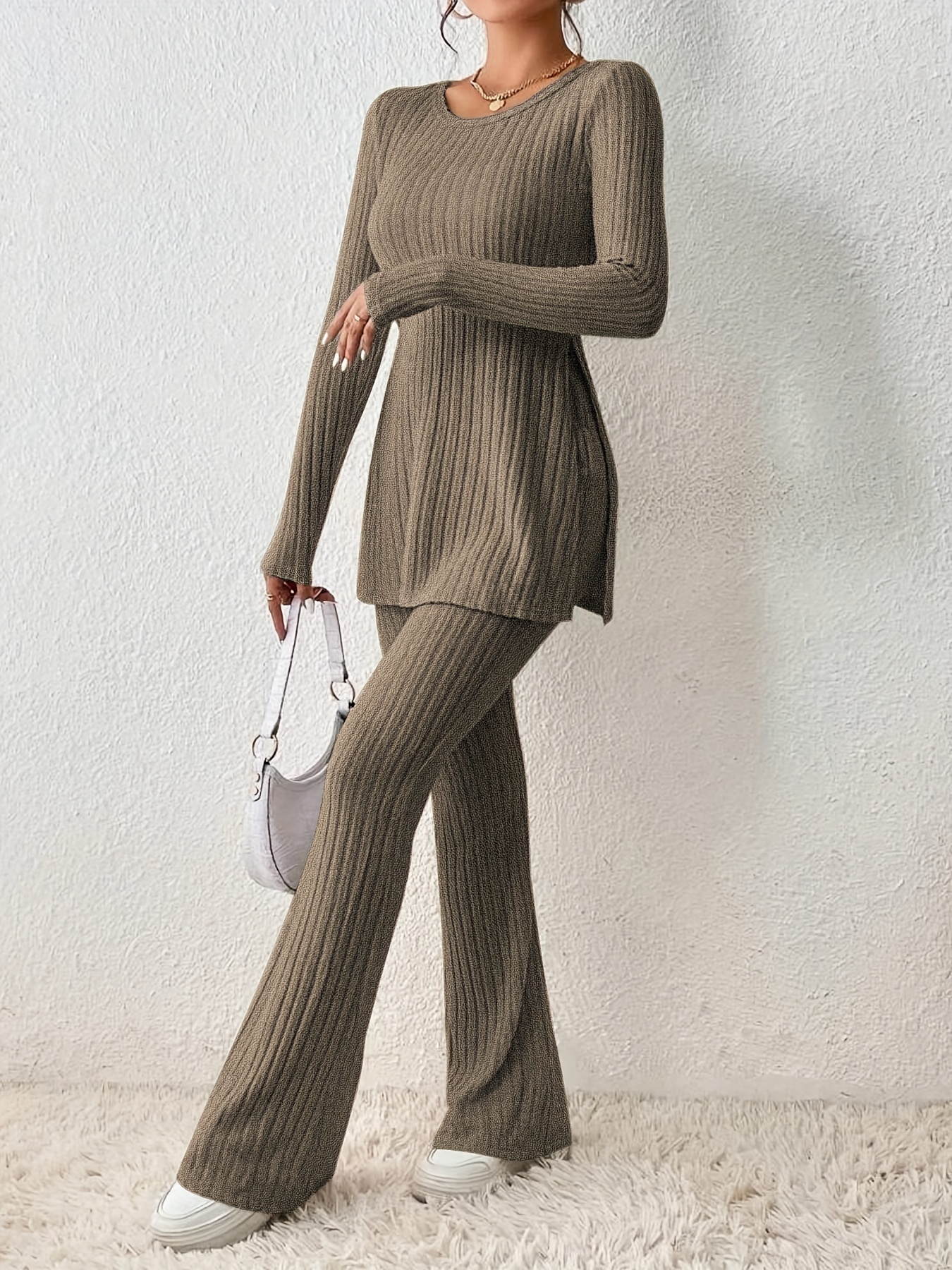 Solid Textured Two-piece Set, Long Sleeve Slit Long Length Top & Skinny Pants Outfits, Women's Clothing