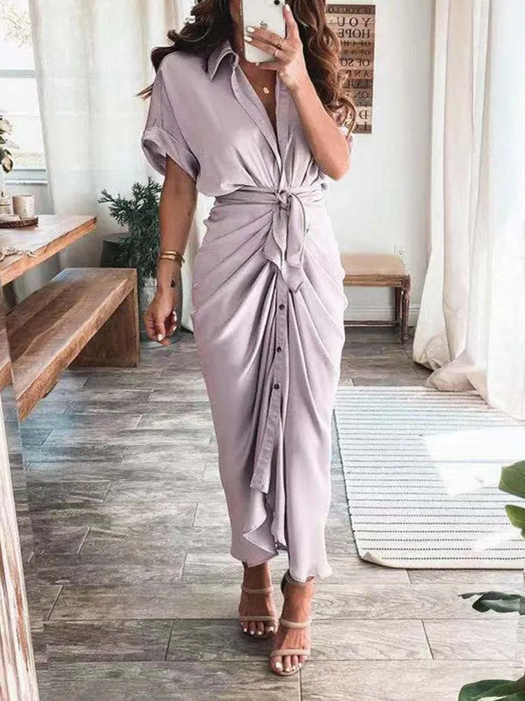 Satin Pleated Bandage Shirt Dress Maxct