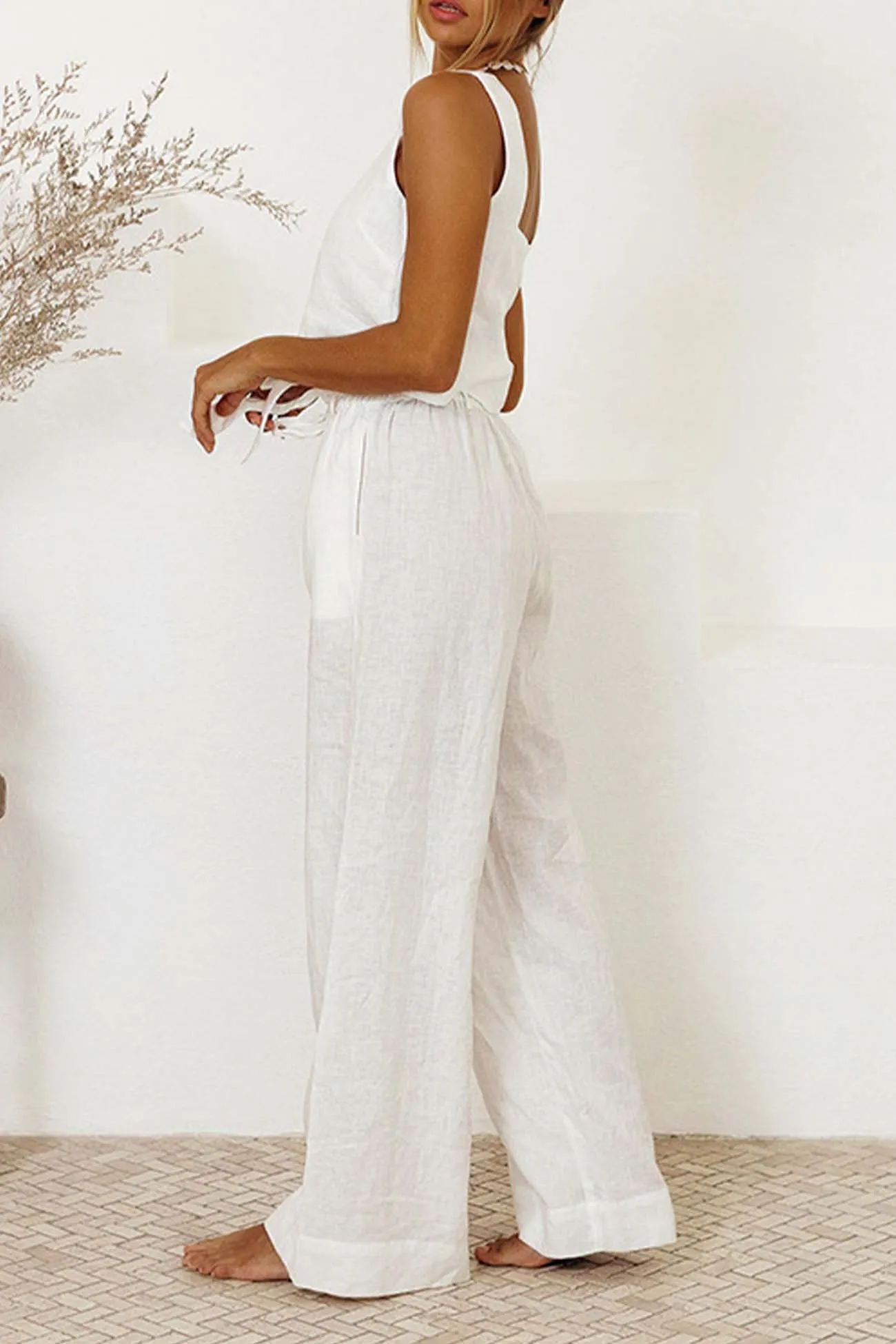 Maxct Cotton Waist-Tie Square Neck Pants Set